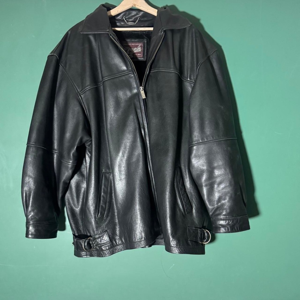 Trek New York Vintage Black Leather Bomber Jacket Zip Out Fur Liner Mens 4XL